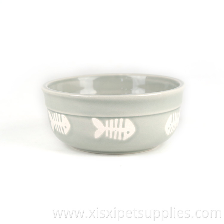 Custom Logo Cute Pet Feeding Bowl Fish Pictured Grey Pet Ceramic Water Bowl Pet Eating Bowl